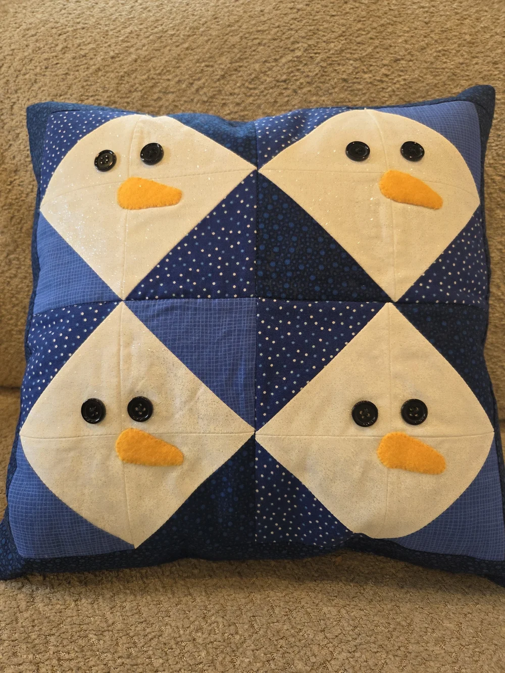 Handmade Blue Snowman Patchwork Holiday Pillow 15x15